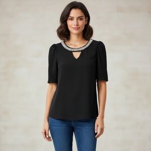 Elegant Black Women's Small Top with Embellished Faux Pearl Neckline EUC